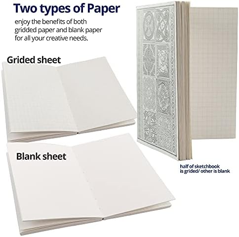 Pacific Arc LayFlat Sketchbook - 3.75 x 5.3 Inches - Celtic Blank Note Book, 64 Sheets, Thick 100gsm Paper, for drawing, sketching, and journaling, 32 Blank and 32 Gridded