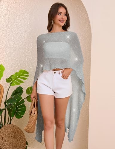 MAKABO Women's Crochet Sheer Poncho Top Lightweight Sparkly Shrug Pullover Knit Bolero Sweater Cover Up Beachwear