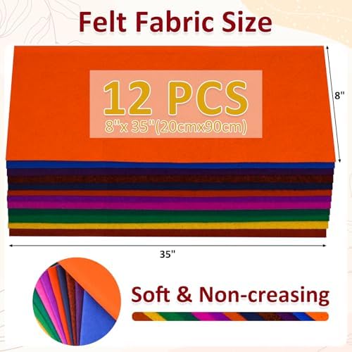 XSEINO 12 Rolls 8"x35" 1.4mm Thick Soft Felt Fabric Sheet 12 Assorted Dark Series Colors Felt Pack for DIY Craft Sewing Squares Nonwoven Patchwork