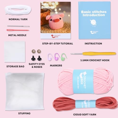 Crochet Kit for Beginners: Pink Pig Crochet Kit, All You Need in, Include Step-by-Step Video Tutorials, Learn to Crochet, Birthday Gift for Adults, Teens, Relaxing Craft