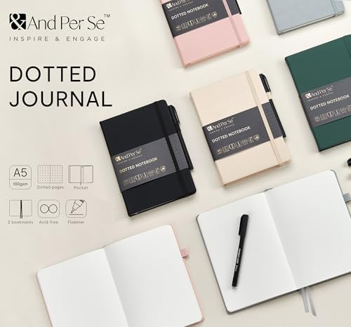&And Per Se Dotted Notebook with Pen, A5 Hardcover Dotted Journal, 160 Pages 100GSM Thick Paper Dot Grid Journal with Fineliner Pen (Black)