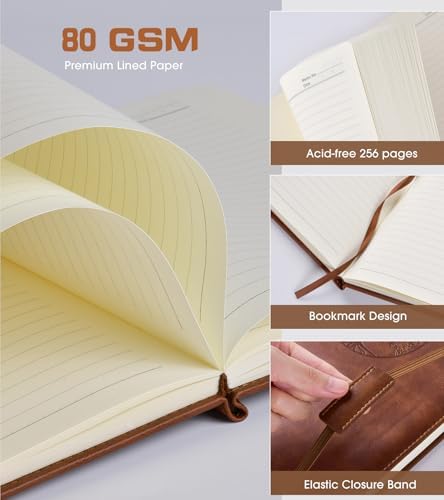 Biuwory Leather Journal Notebook,256 Thick Lined Pages,Hardcover 5.7"×8.3" | Vintage Journal for Women Men,Work,School,Business,Travel Diary,Note taking,College Ruled Writing,Daily Journaling Notebook