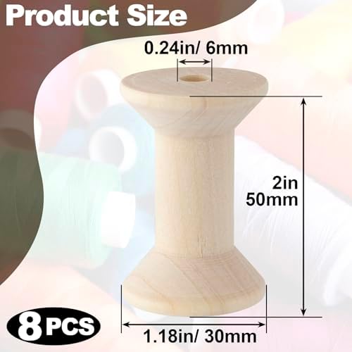 Pndeyo 8pcs Wooden Spools of Crafts, 2in Empty Natural Wood Thread Spools, Unfinished Wooden Textile Bobbin for Organizing Cord Twine Ribbon Chains Elastic Threads