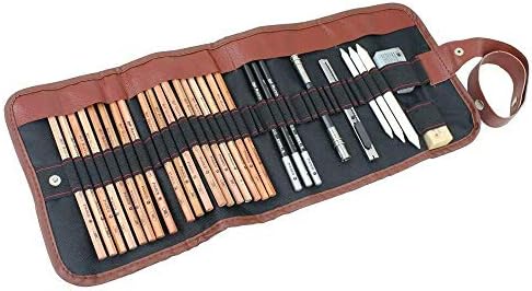 28 Pieces Charcoal Pencils and Sketching Pencils Set with Leather Art Supply Roll for Charcoal Art & Sketch Canvas Art - Professional Charcoal Pencils Charcoal Art Supplies for Artists