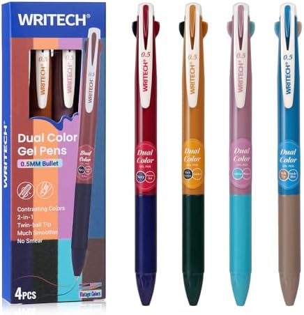 WRITECH Retractable Gel Ink Pens: 0.5mm 2-in-1 Multicolor Fine Point 4ct | Colorful Click Pen No Smear Bleed Smooth Writing For Journaling Drawing Note Taking For Teacher Student Nurse Home Office