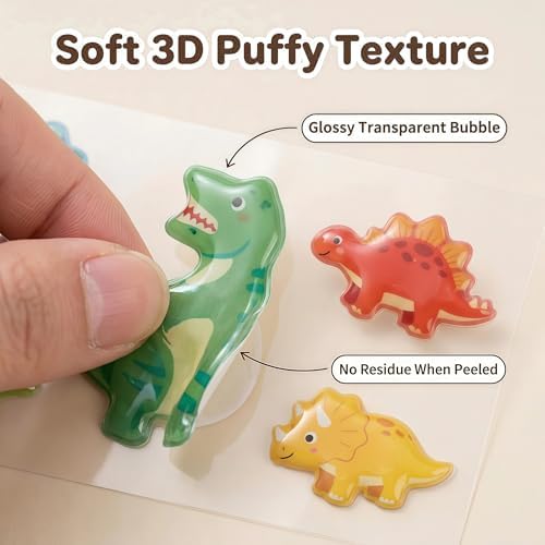 【4 Sheets】 Airy 3D Puffy Stickers,Dinosaur Resin Decorative Stickers, Cute Small Stickers for Kids，Girls, Adults, Reusable Tiny Stickers for Phone Case, Notebook - Perfect for Craft and GIF (Tender)