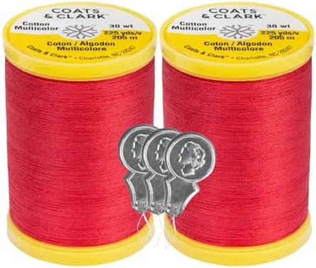 Coats & Clark Cotton All Purpose Sewing Thread 100% Mercerized Cotton 225 Yards Each Spool S970 2 Pack Bundle with 3 Bella's Crafts Needle Threaders (Atom Red)