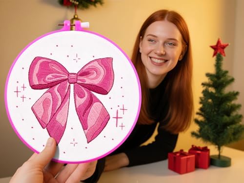 2 Sets Pink Hand Embroidery Kits for Beginners Adults, Cute Bow Embroidery Starter Kits, Cross Stitch Kits for Beginner Needlepoint DIY Kits for Adult, 2 Set Embroidery Hoops, Thread & Video Tutorial