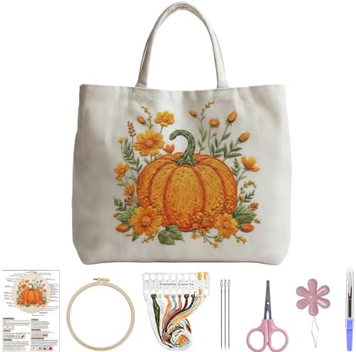 ARTopet Embroidery Tote Bag Kit for Beginners Flower Canvas Cross Stitch Handbag with Hoops Needles Threads Reusable Grocery Bag for Women-Pumpkin