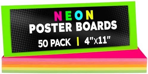 Hygloss Small Poster Board 4x11 - 50 Assorted Neon Color Bulk Pack - 10 Pt. Thickness Colored Poster Board Paper for Projects, Flash Cards, Signs - Posterboard Multipack 4" x 11"