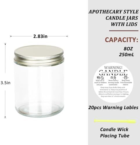 MILIVIXAY 20 Pack 8 OZ Thick Glass Clear Candle Jars with Golden Lids-Bulk Empty Candle Jars for Making Candles-Canning Jar for Spice, Liquid, Sample- Dishwasher Safe.