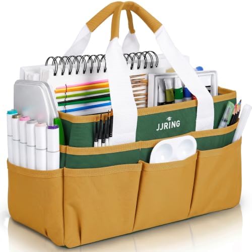 JJRING Craft Organizer Tote Bag Art Storage Caddy Deep Green and Yellow | With Multiple Pockets For Sewing, Scrapbooking, School, Medical, And Office Supplies