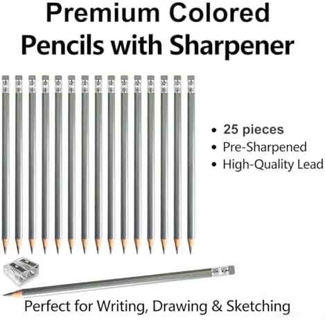Adhere 25pcs Checking Pencils Erasable colored Pencils Pre-Sharpened #2 HB,for Checking Tests Grading,Map Coloring, editing Office Favors,including a Free sharpener. (Sliver)