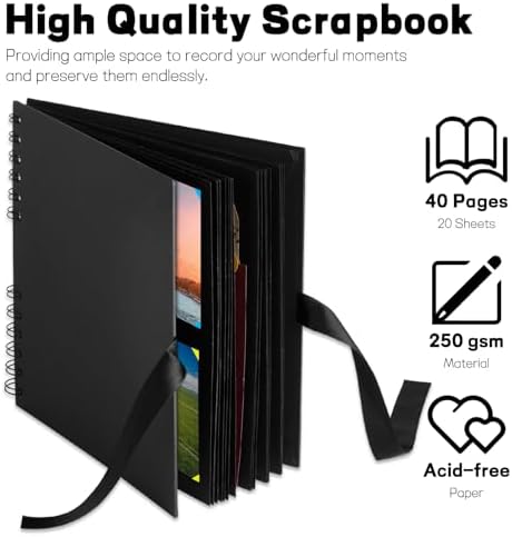 Mauproy 8 x 8 Inch Small Black Scrapbook Album, 40 Pages | Photo Album with Black Pages, Kraft Paper Hardcover Memory Book with DIY Accessories Kit for Birthday, Wedding, Travel