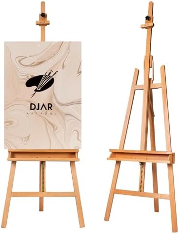 DJAR Large Painters Easel for Painting, Holds Canvas up to 49", Natural | Sturdy Solid Beech Wood Studio Floor Display Stand, Adjustable Artist Easel with Storage Tray, Ideal for Adults and Students