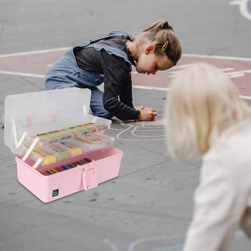 WEWLINE Hair Accessories Organizer 13-Inch Art Supply Bin Sewing Box 3-Layers Craft Storage Organizer with Handle Pink Tool Tackle Box Storage Great Gift for Kids