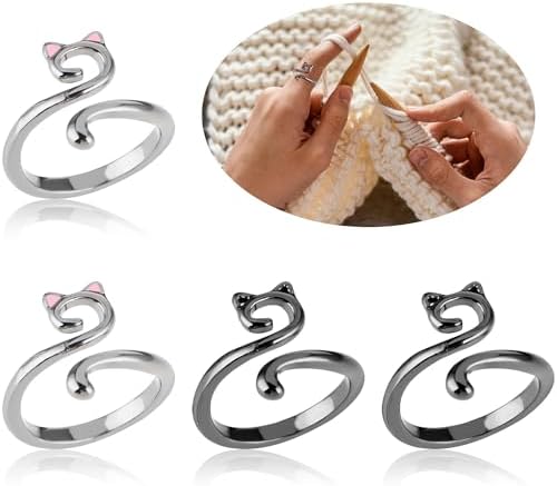 YUXIANLB Knitting Crochet Loop Ring for Fingers Metal Open Yarn Guide Crochet Rings Adjustable Braided Faster Knitting Thimbles Holders Accessories (2Black, 2Silver with Pink)