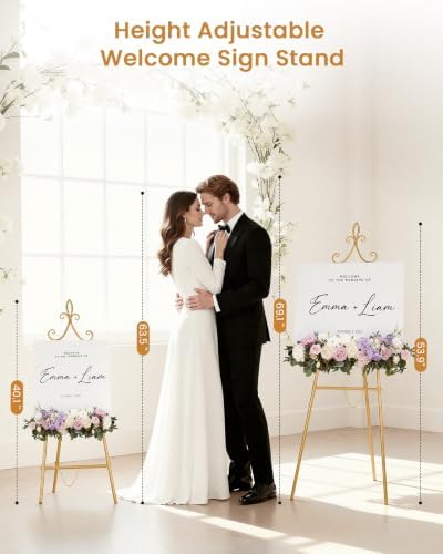 53.9" Gold Easel Stand for Sign, Heavy Duty Metal Display Easel with Storage Bag, Adjustable Art Easel for Wedding Sign, Welcome Sign, Picture