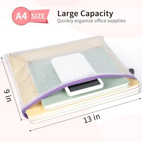 Umriox 12 Pack A4 Reusable Mesh Zipper Bags, Color Coded File Storage Pouch