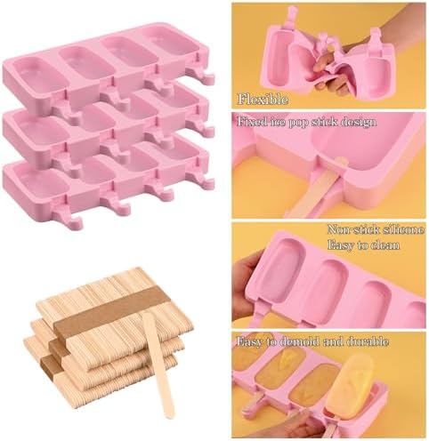 Sakolla Large Silicone Popsicle Molds, Oval 4 Cavities, Set of 3