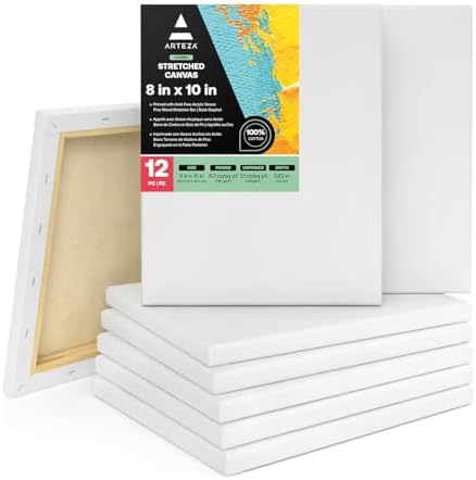 ARTEZA Stretched Canvas, 8 x 10 Inches, Pack of 12, Blank White Canvas for Painting for Acrylic, Oil and Gouache Paints | Cotton-Texture Surface, Wood Bars, White Finish, For Acrylic, Oil, Gouache, Tempera, Dry Brushing and Layered Texture