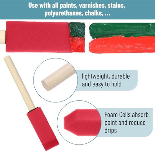 Bates- Foam Paint Brushes with Wood Handle, 1 Inch, 26 Pack, Red, Sponge Brushes for Painting, Sponge Paint Brush