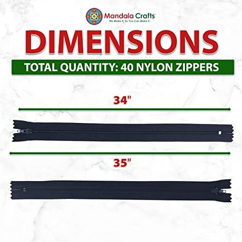 Mandala Crafts 40 PCs Navy Blue Closed-End 34 Inch Nylon Zippers for Sewing