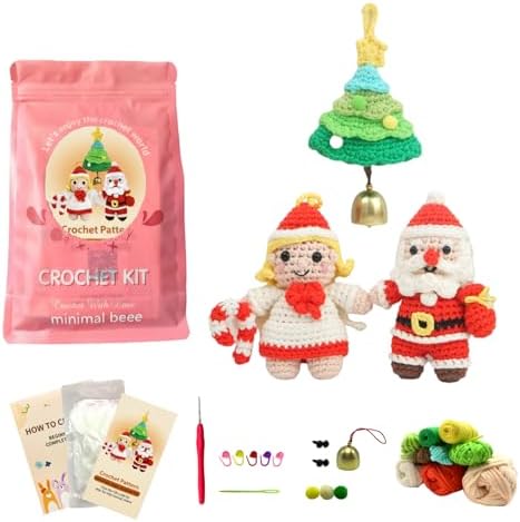 minimal beee Beginner Christmas Crochet Kit - 3-Piece Santa & Mrs. Claus Set, Complete Craft Supplies with Video Tutorials for Christmas Tree Decor.Gift Hobby for Adults