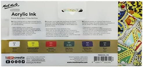 Mont Marte Acrylic Ink Premium 6pc x 20ml (0.7 US fl.oz), Acrylic Inks for Artists, Essential Colors, Ideal for Air Brush, Pouring Art, Scrapbooking, Ink Drawing, Mixed Media