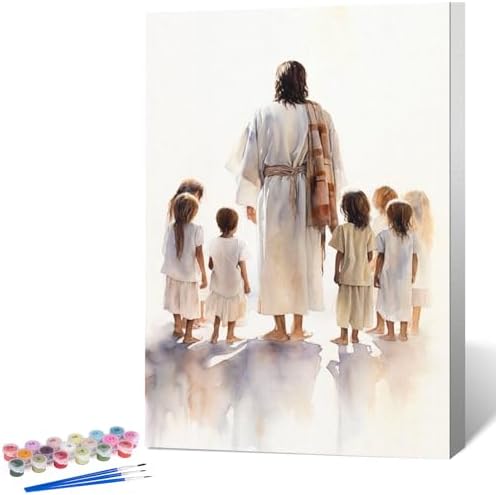 Framed Paint by Numbers Kit for Adults, Jesus with Children 8x12 Inch
