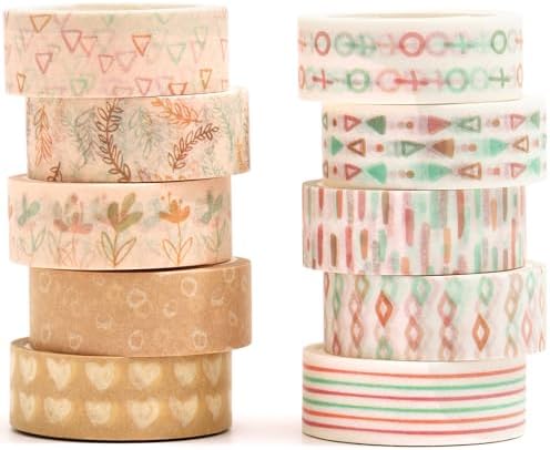 Boho Washi Tape Set 10 Rolls Cute Masking Graphic Floral Pattern Decorative Tapes for Arts, DIY Crafts, Journals, Planners, Scrapbook, Wrapping (Retro)