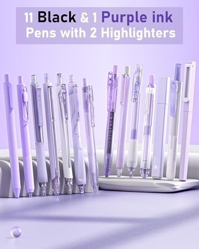Four Candies Puple Pens, Black & Purple Ink, 0.5mm Pens, 2 Highlighter