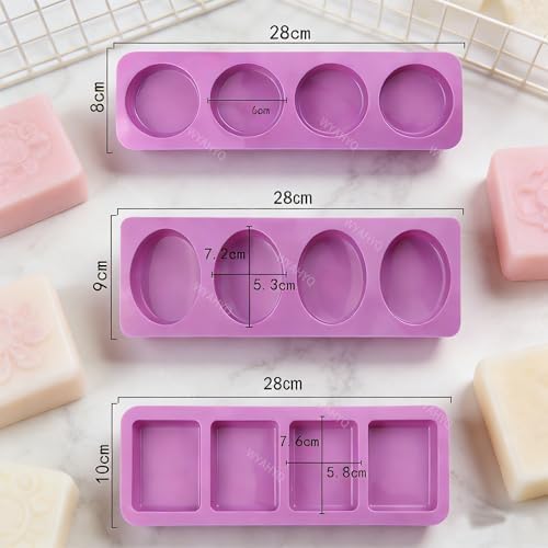 3Pcs 4Cavity Silicone Soap Molds Set | Round/Oval/Square Shapes Handmade Soap Making Non-sticky and Easy to Remove
