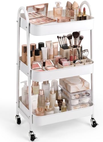 Booklov Rolling Makeup Cart Organizer, 3 Tier Utility Storage Cart, White