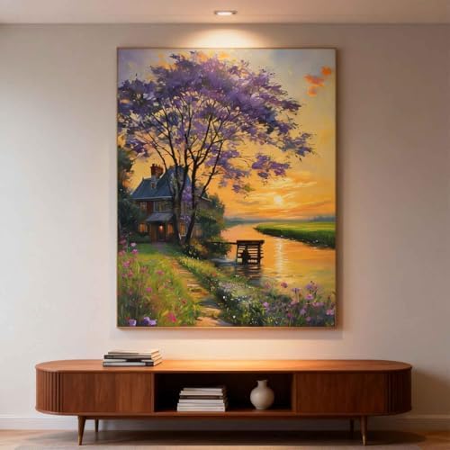 Amphol Paint by Numbers Kit for Adults Beginners - Sunset Cottage DIY Paint by Numbers Kit on Unframed 16"x20" Canvas, Landscape Oil Painting by Number for Wall Decor, Complete Acrylic Paint Set