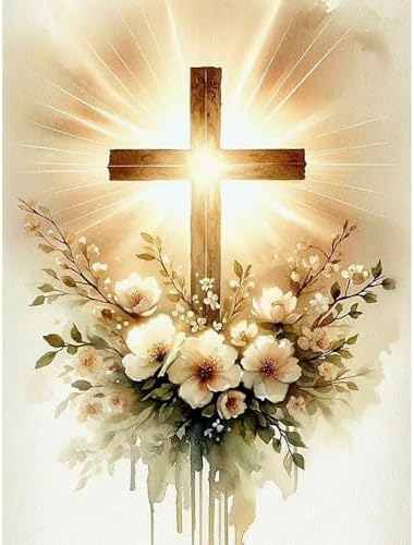 Yezavesu Christian Cross Diamond Art Kits for Adults Beginners 12x16 Inch | Cross Flowers Diamond Painting, DIY 5D Full Round Drill Gem Art, Stress Relief Craft Kits, Home Wall Decor Gift, 12x16 Inch