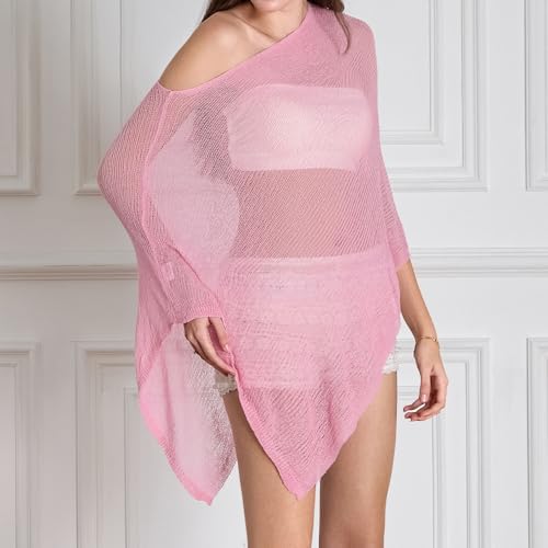 Women Sheer Knit Poncho Top Beach Cover Up Lightweight Crochet Shrug Y2k Summer See Through Shawl