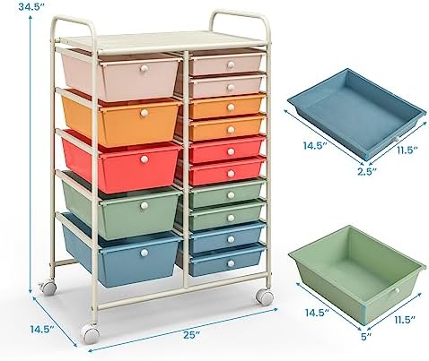 Giantex 15 Drawers Rolling Cart, Classroom Organizers, Storage Cart with Wheels, for Teacher Office Home School Supplies Tool Craft Art Paper