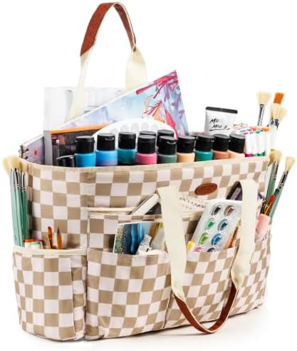 APOFFICE Large Craft Organizer Tote Bag with Multiple Pockets, Art Supply Storage Caddy with Removable Bottom Board and Shoulder Strap for Painting, Sewing, Scrapbooking and Classroom Supplies