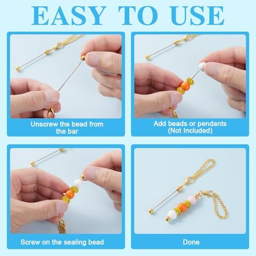 16PCS Beadable Keychain Bar Bulk, Metal Blank Beaded Keychain Bar for Beads DIY Crafts Charms Jewelry Making Supplies