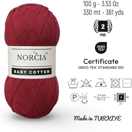 Baby Cotton, 55% Cotton 45% Acrylic Yarn, Fine/Sport (2) for Crochet and Knitting, Soft Amigurumi Yarn, 100 gr (361 yds)