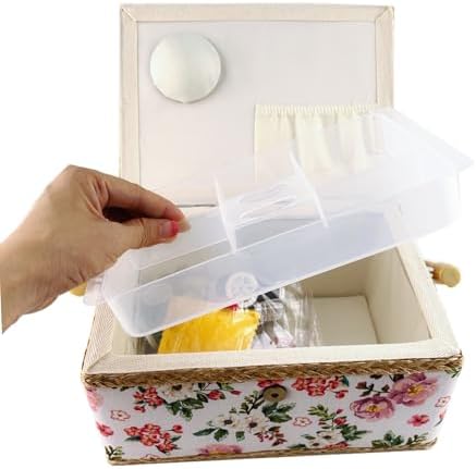 NROZIET Sewing Basket for Sewing Supplies, Wooden Sewing Kit Storage Box with Accessories, Vintage Sewing Kits Carrying Organizer with Handle for Embroidery, DIY Supplies, Beginner, Professional