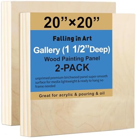 Falling in Art 2 Pack 20x20'' Unfinished Gallery Birch Wood Canvas Panels | 1 1/2" Deep Art Cradle Boards for Acrylic Painting, Pouring, Burning,Epoxy Resin, Laser Engraving Cutting