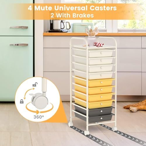 Storage Cart, Rolling Utility Cart with 10 Drawers, Portable Handles & Lockable Wheels, Mobile Paper Toys Storage Organizer Large Capacity for Home Office School Teacher (Yellow)