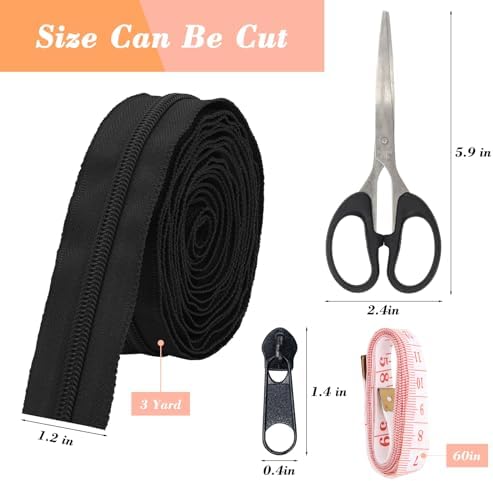 42 Yards Black White #5 Nylon Coil Zippers with 80P Pull Head, 10P Double-Side Zipper, Scissor, Ruler, Assorted Length Sewing Zipper for DIY Sewing Craft Zipper Tape for Clothes, Purse Making(Model 4)