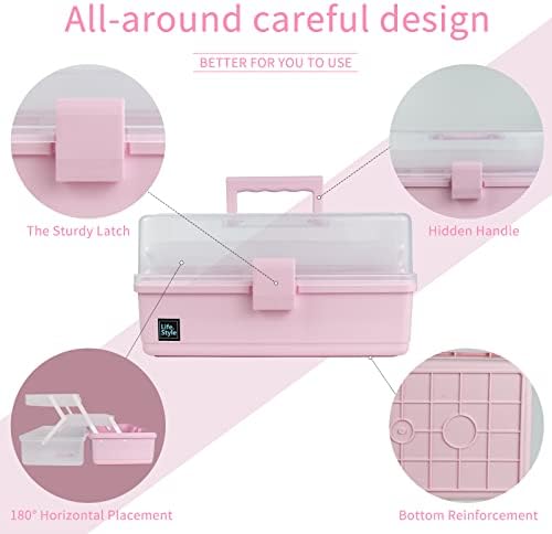 Creahaus 13 inch Art Craft Organizer Storage Box with 3 Layer, Multipurpose Plastic Tool Box with Handle for Sewing, Art Supply, Medicine, Nail, Hair Accessories (Pink)