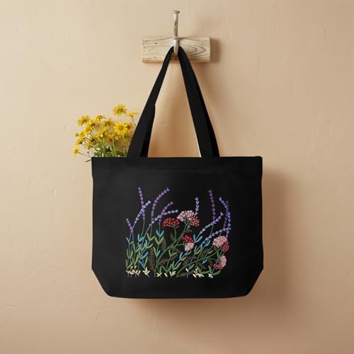 ERKOON Canvas Tote Bag Embroidery Kit for Beginners, Floral Arts Crafts Cross Stitch Kits for Adults Including Stamped Embroidery Bag with Hoops, Needle, Instruction and Color Threads (Lavender)