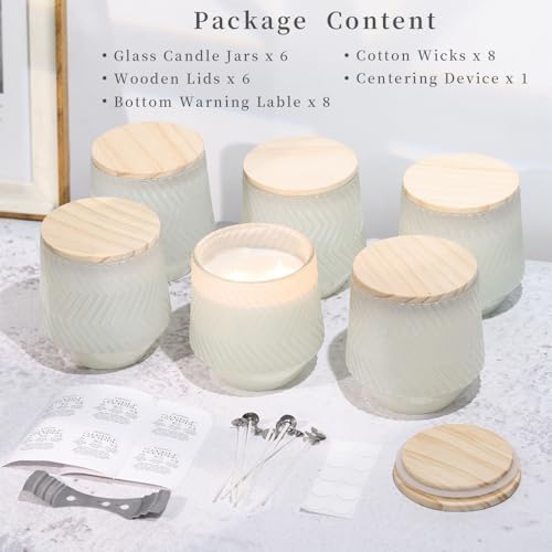 6 Pcs 13.5 OZ Creamy Large Candle Jars for Making Candles, Ribbed Unique Candle Jars, Glass Jars with Wooden Lids and Labels for Candle Making Supplies, Container, Home Decor, Gift