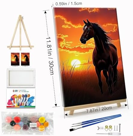JOOZ Horse Paint by Numbers Kit for Adults with Frame Sunset Paint by Number with Easel Adult Paint by Number Kits Framed Canvas Oil Painting Kits for Home Wall Decor 8x12 Inch