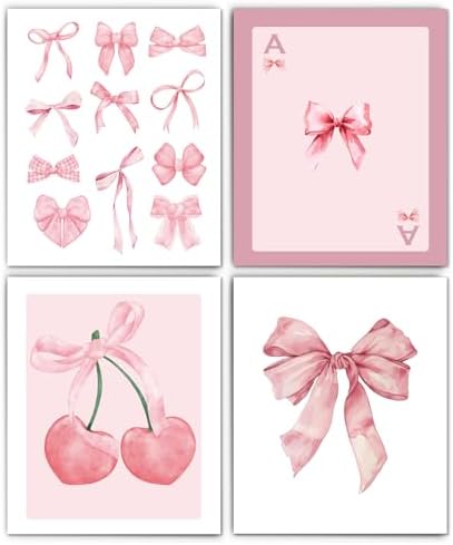 XUNLURY Pink Coquette Bow Diamond Art Kits 4 Pcs, Preppy Girly Pink Bow Ace Cherry Diamond Painting Kits for Adults Girls Beginners, Full Drill Diamonds Dots for Home Decor, 9.8x11.8 Inch